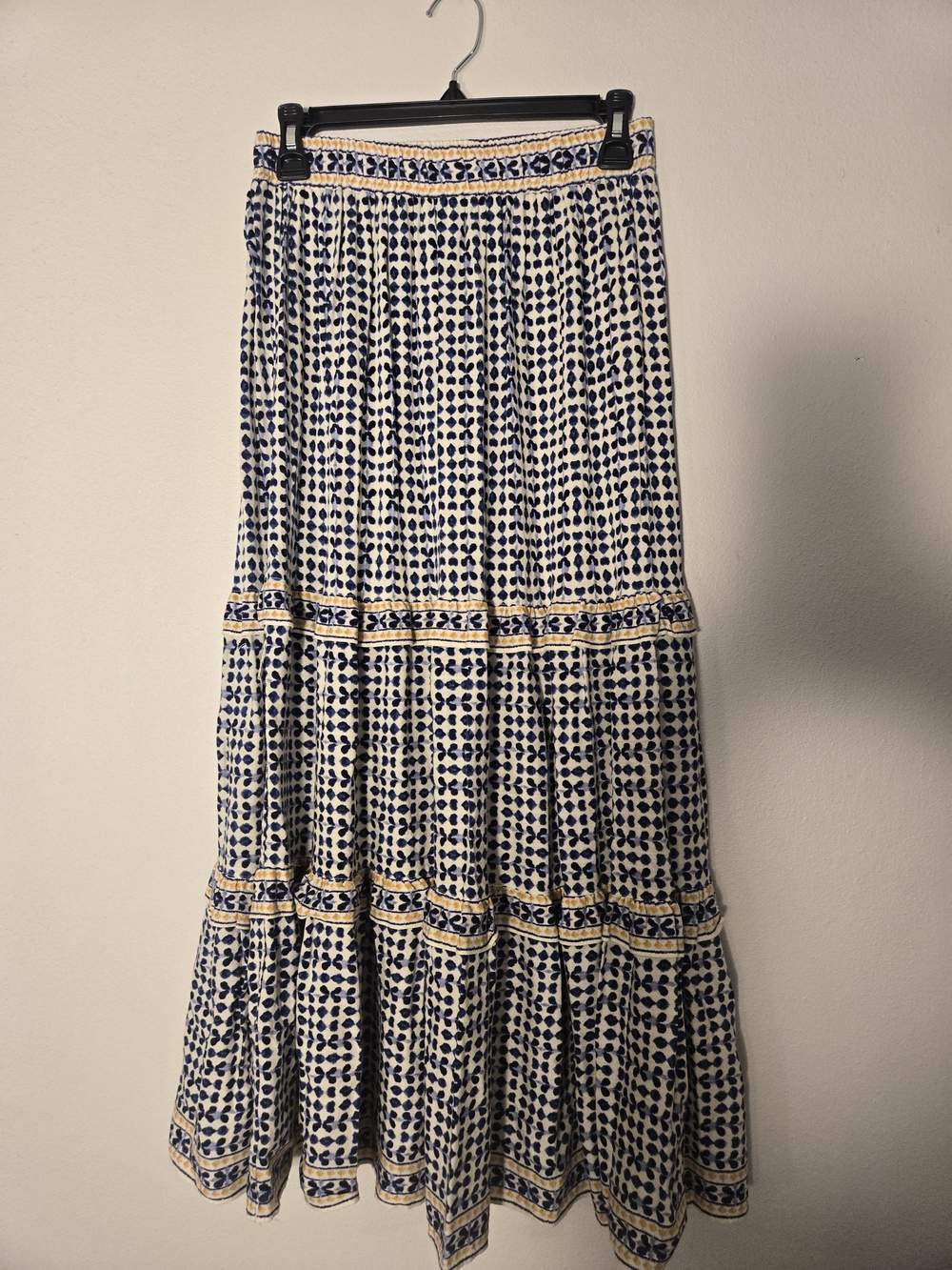 Max Studio Navy and Cream Printed Tiered Maxi Skirt with Gold Trim